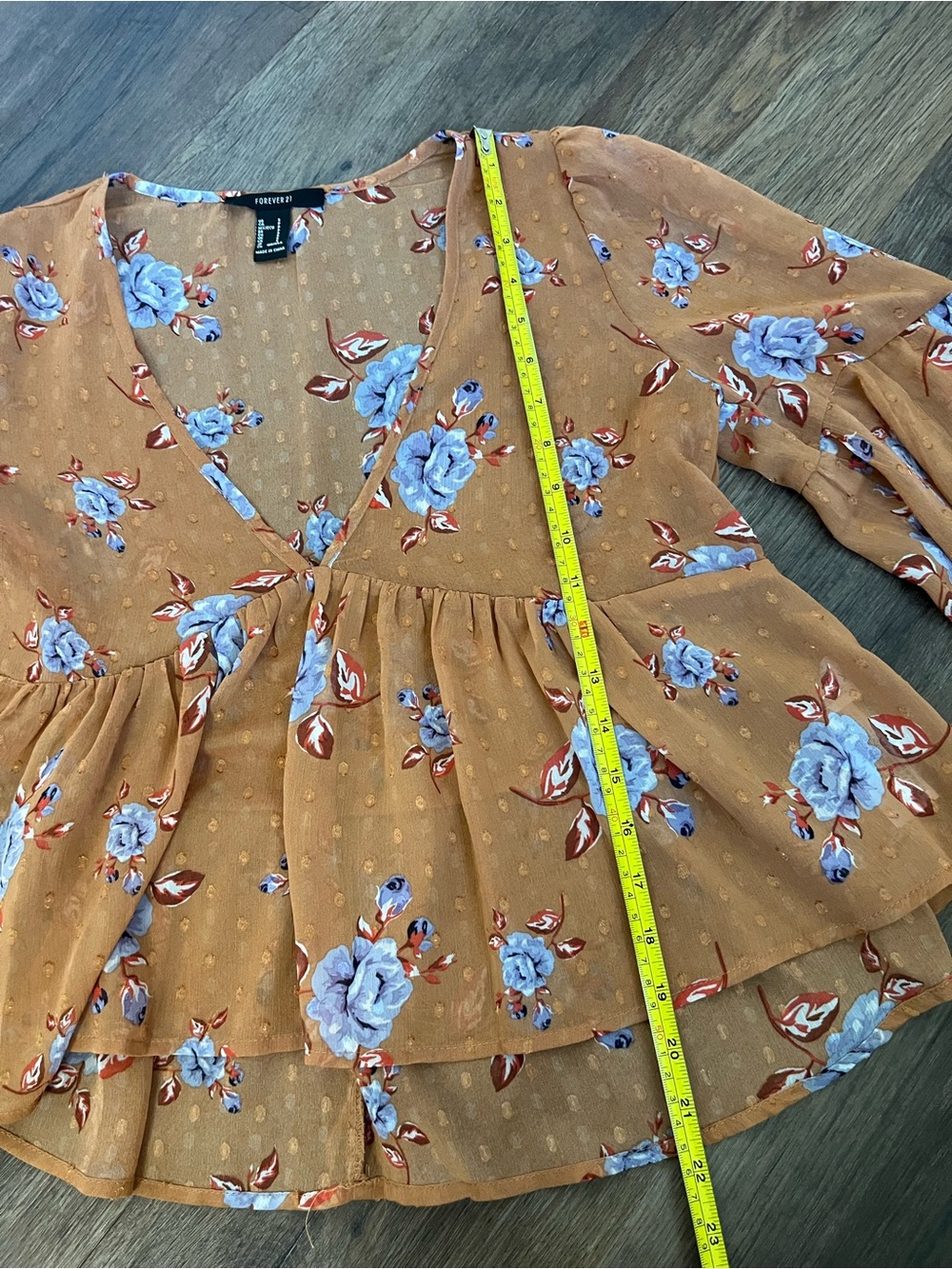 Forever 21 Rust-Orange Boho Floral V-Neck Babydoll Flowy Blouse with Blue Roses - Picture 7 of 9